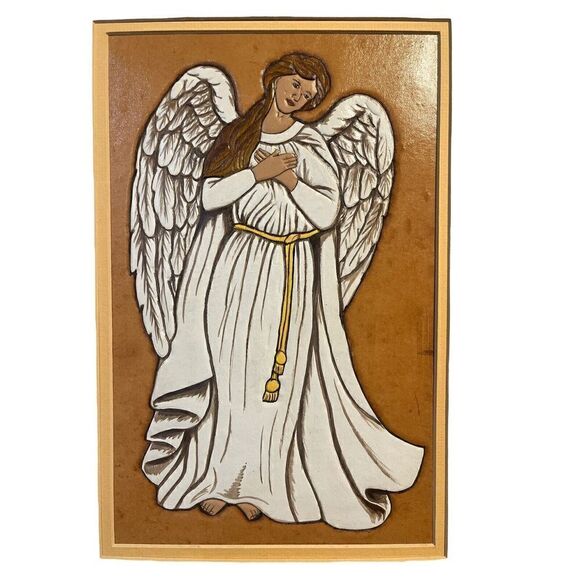 Embossed Hand Carved Leather Angel In Hand hewn Wooden Frame Art Picture 18.75” - Picture 3 of 6